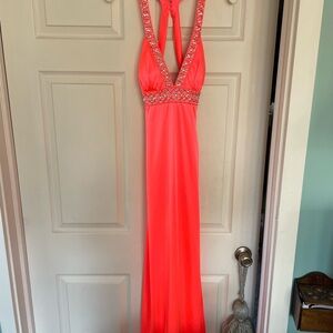 Morgan & Co. Coral Halter Beaded Prom Gown